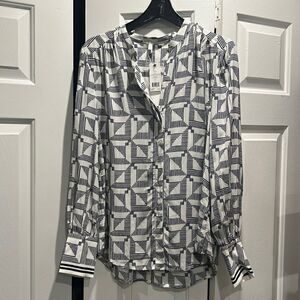 NWT Joie Navy/White Geometric Button Down, Size Large